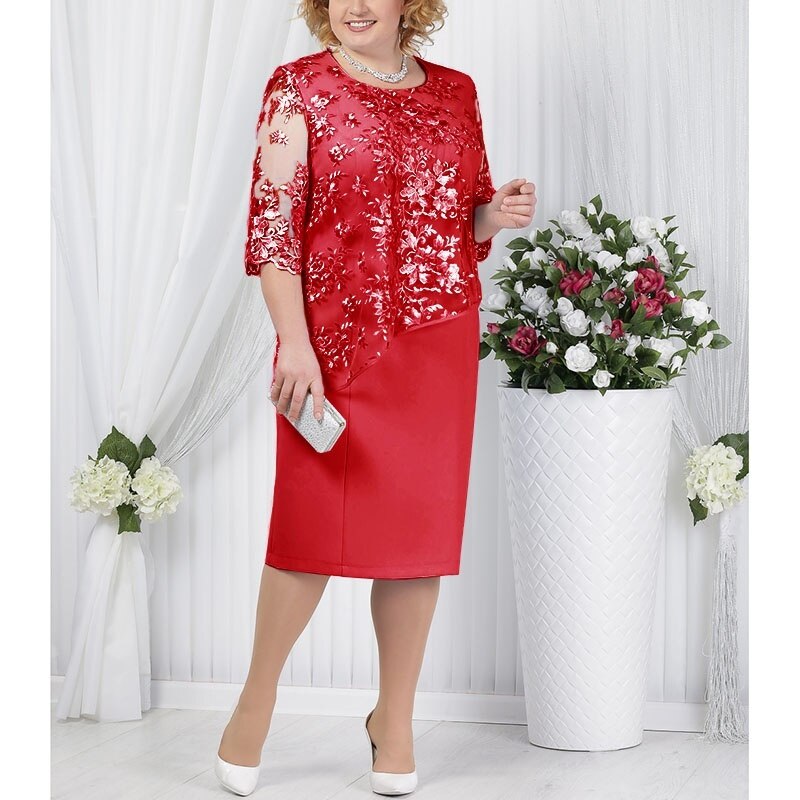 sixsr  Fashion Trends Elegant Half Sleeve Lace Evening Dress Plus Size O Neck Short Mother Of The Bride Dresses Red Wedding Guest Party Gowns