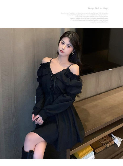 Sixsr Gothic Black Dress Women Casual Button Lace Evening Party Sexy Mini Dress Female Long Sleeve One-piece Dress Korean Autumn