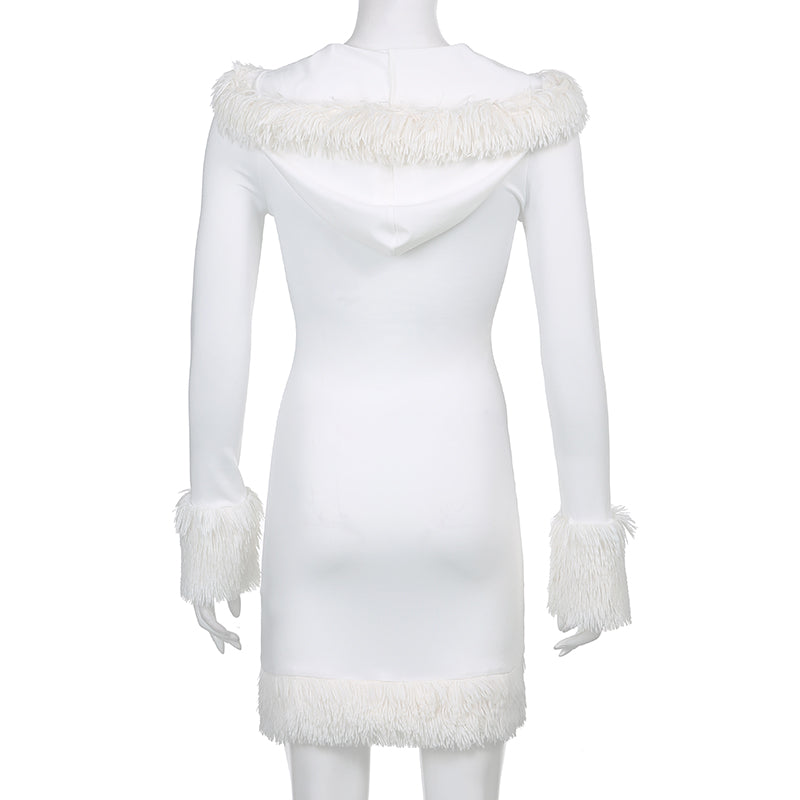 Sixsr Furry Long Sleeve Hooded Bodycon Mini Dresses Women White V Neck Fuzzy Dress Skinny Christmas Party Streetwear Winter