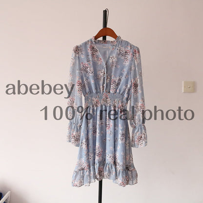 Sixsr Mothers Day Gifts new fashion women's French dress female temperament V-neck long-sleeved chiffon floral dresses