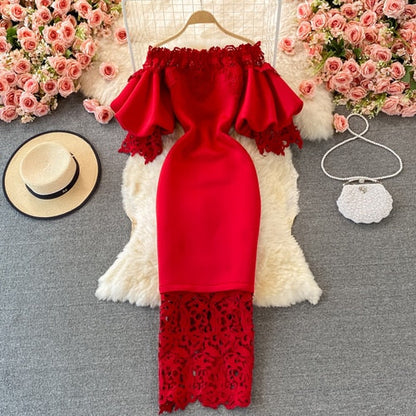 Sixsr Sexy Hollow Out Lace Bodycon Long Dress Women Elegant Red/Pink/White Off Shoulder Patchwork Maxi Party Vestidos Autumn New