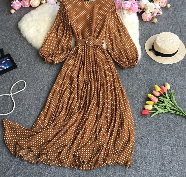 Sixsr New Spring Autumn French O-neck long sleeve Dress polka dot printing high waist lace up mid-length A-line pleated Dress