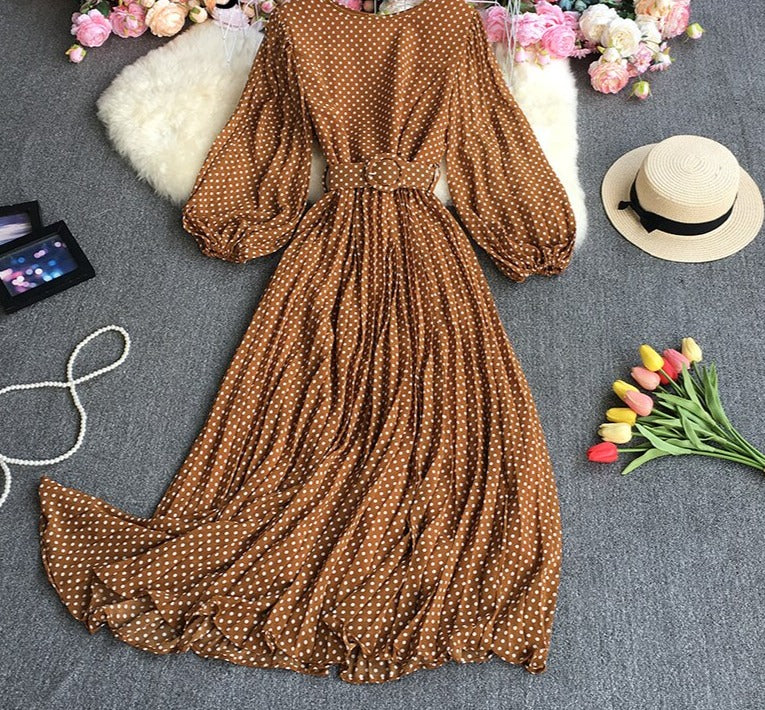 Sixsr New Spring Autumn French O-neck long sleeve Dress polka dot printing high waist lace up mid-length A-line pleated Dress