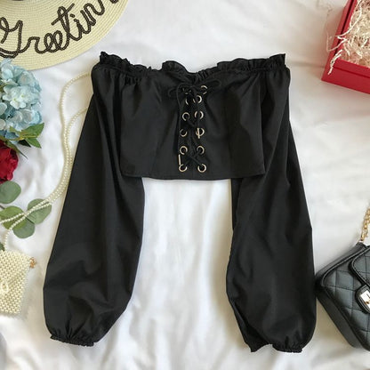 Sixsr Womens Off Shoulder Top Long Sleeve Ruffle Vintage Blouse With Puff Sleeves Lace Up Ladies Tops Bandage Crop Tops Black White