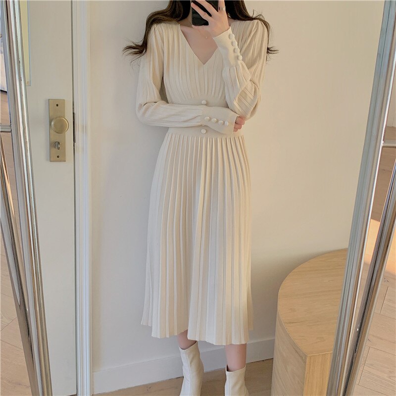 Sixsr Gifts for women winter night out outfit Elegant Chic Pleated Sweater Dress Women's Slim French Femme Vestido Spring Autumn Winter Fashion Single-Breasted