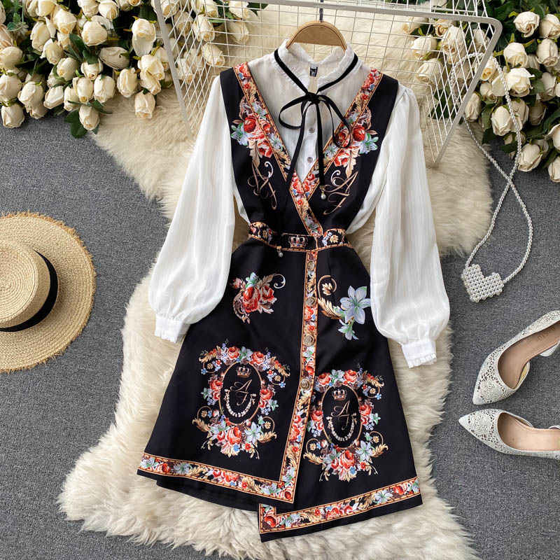 Sixsr Spring Autumn Elegant 2 Piece Set Overalls Dress Women Bow Collar White Shirt Top+ Irregular Flower Print V-Neck Vest Dress