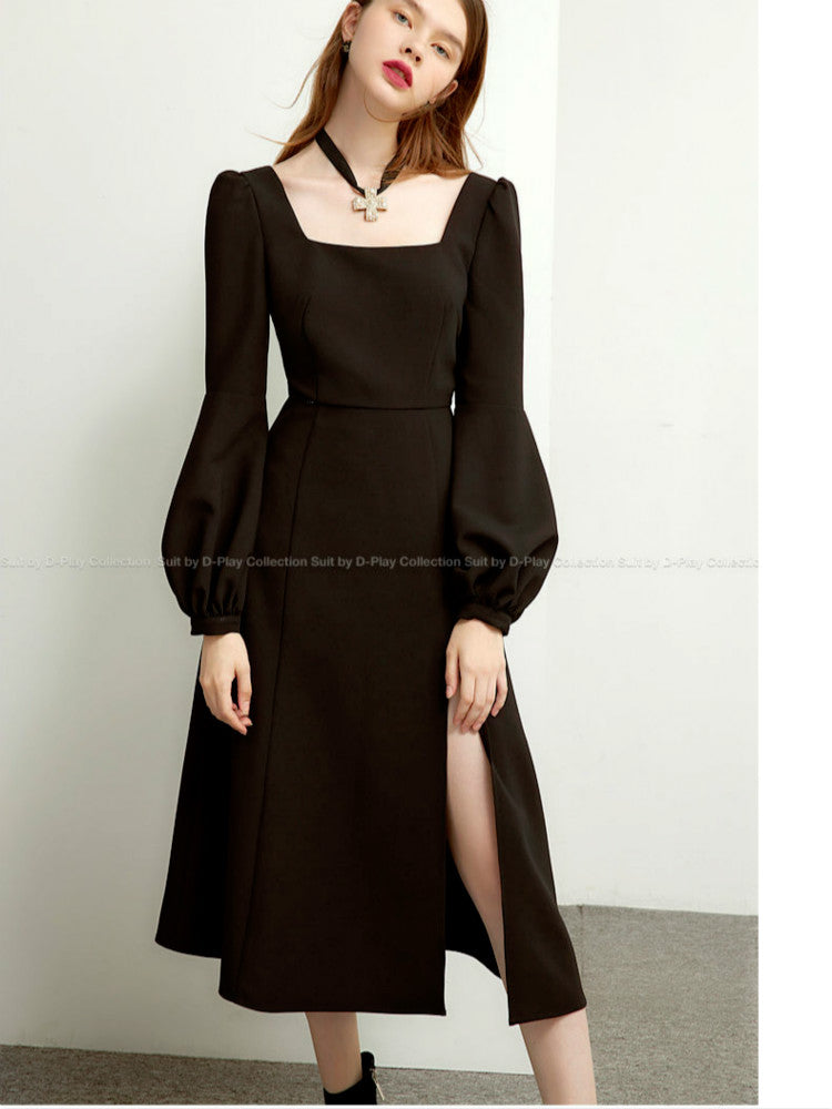 Sixsr Black Retro Split Dress Women Elegant Midi Designer Dress Female Long Sleeve Hepburn Style Chiffon Vintage Dress Fall  Women