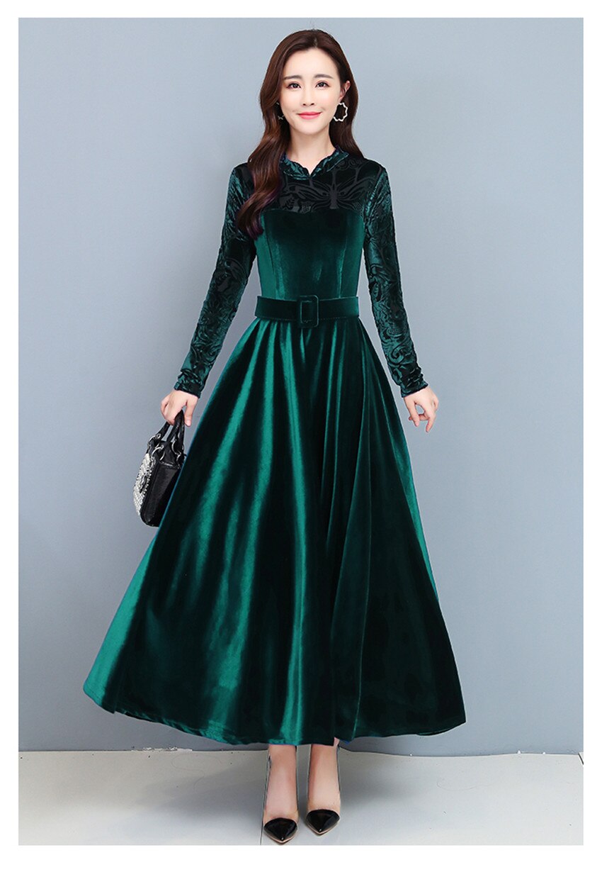 Sixsr High Quality Fashion Vintage Velvet Dress Winter Dresses Women Long Sleeve Evening Party Dress For Middle Age Mom Vestidos