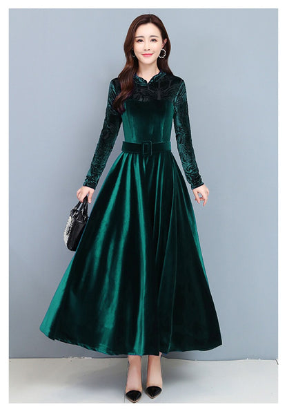 Sixsr High Quality Fashion Vintage Velvet Dress Winter Dresses Women Long Sleeve Evening Party Dress For Middle Age Mom Vestidos