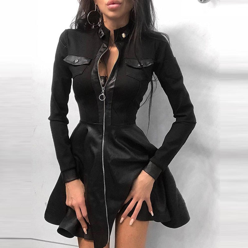 Sexy Stand Collar Print Zipper Long Sleeves Mini Dress Casual Autumn Winter Fashion Pocket Pu Leather Dress Elegant Slim Dresses