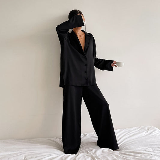 Sixsr Oversized Satin Silk Sleepwear Low Cut Sexy Pajamas For Women Single-Breasted Long Sleeves Wide Leg Pants Trouser Suits
