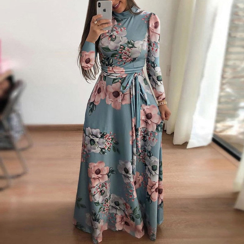 Flower Print Long Sleeve Maxi Dress Spring Autumn Casual Slim Sashes Long Dress Women Elegant Robe Party Dresses Plus Size S-5XL