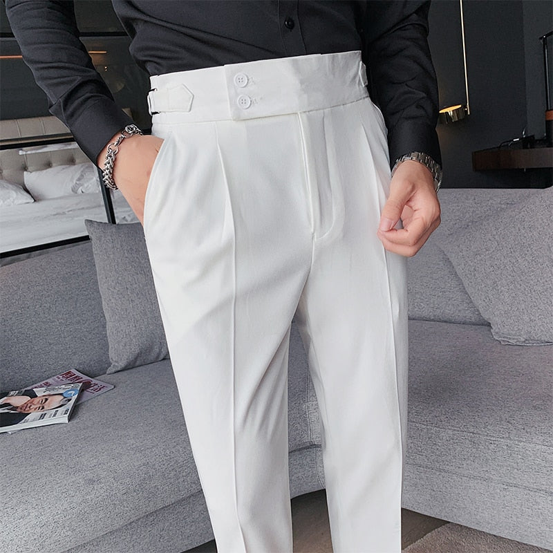 Sixsr New Design Men High Waist Trousers Solid England Business Casual Suit Pants Belt Straight Slim Fit Bottoms White Clothing