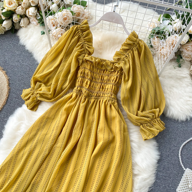 Sixsr Summer Beach Chiffon Long Dress Elegant Solid Lantern Sleeve High Waist Women Maxi Dress Party Club Ladies Vestidos New