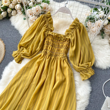 Sixsr Summer Beach Chiffon Long Dress Elegant Solid Lantern Sleeve High Waist Women Maxi Dress Party Club Ladies Vestidos New