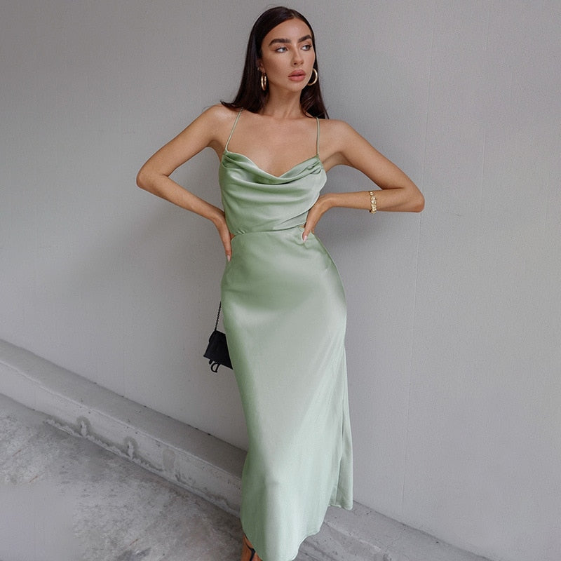 Sixsr Purple Satin Midi Dress Summer Women Sexy Backless Sleeveless Pile Collar Spaghetti Strap Bandage Dress Woman Party Long Dresses