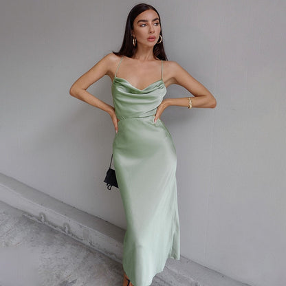 Sixsr Purple Satin Midi Dress Summer Women Sexy Backless Sleeveless Pile Collar Spaghetti Strap Bandage Dress Woman Party Long Dresses