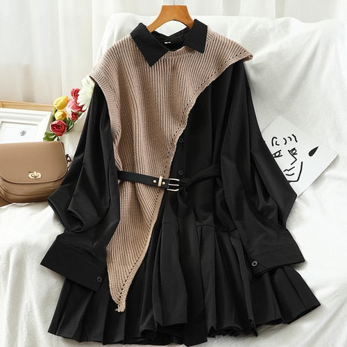 Sixsr New Sweet Suit Women Japan Single Breasted Turn-Down Collar Pleated Dress +Irregular Drawstring Knitted Vest Two Piece Set PL548