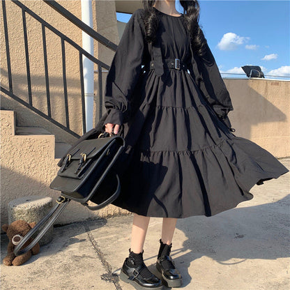 Sixsr Gothic Style Dress Women Harajuku Gothic Lolita Kawaii Dress Punk Cute Long Sleeve Black Midi Dress Emo Mall Goth