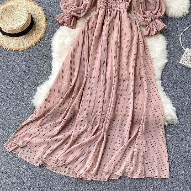 Sixsr Summer Beach Chiffon Long Dress Elegant Solid Lantern Sleeve High Waist Women Maxi Dress Party Club Ladies Vestidos New