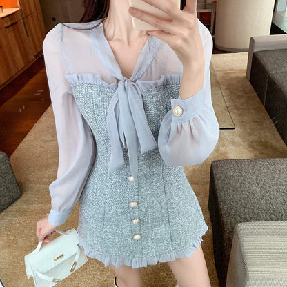 Sixsr New Spring Vintage Sexy See-through Chiffon Patchwork Tweed Mini Dress Women Ribbon Bow Single-breasted Long Sleeve Party Dress