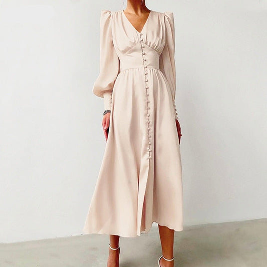 sixsr Dress Silk Satin Evening Party Dress Mid-Calf High Quality Empire Buttons Elegant Vintage Wedding Guest Maxi Dress SJY-6899
