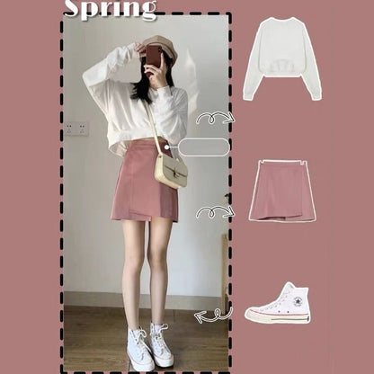 Sixsr Oversize Sets Women Lovley Fashion Chic Spring Fall Korean Girls 2 Piece Outfits Simple Basic Crop Top Popular Sexy Mini Skirts