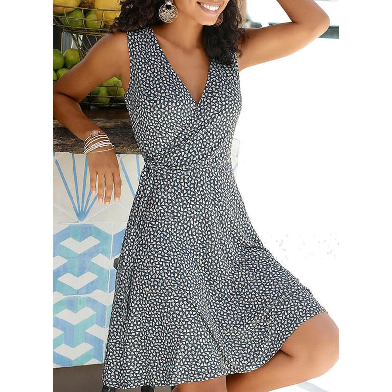 New Casual Polka Dot Dress Women V Neck Sleeveless Bandage Beach Dress Summer Bohemian Dresses For Women