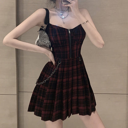 Sixsr Gothic Girls Plaid Pleated Punk Dress Preppy Style Red Black Spaghetti Strap Sexy Sleeveless Mini Short Dresses Goth Streetwear