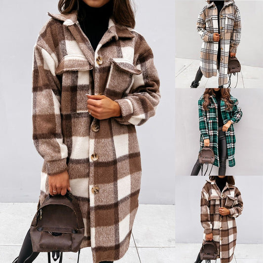 Lapel Single-breasted Double-pocket Plaid Coat
