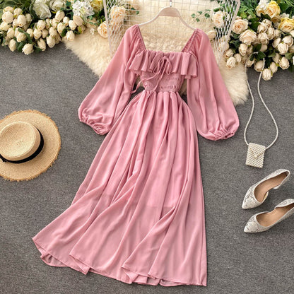 Sixsr Woherb Chic Elegant Square Collar Maxi Dress Women Solid Chiffon Puff Sleeve Dresses Korean Fashion Vintage Ruffle Vestidos