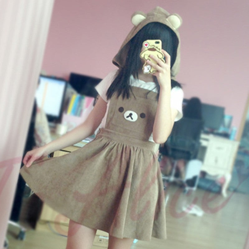 Sixsr Japanese Kawaii Rilakkuma Lolita Overall Dress Cute Bear Embroidery Hat Ball Gown Harajuku Lolita Dress Harajuku Cute Warm Dress