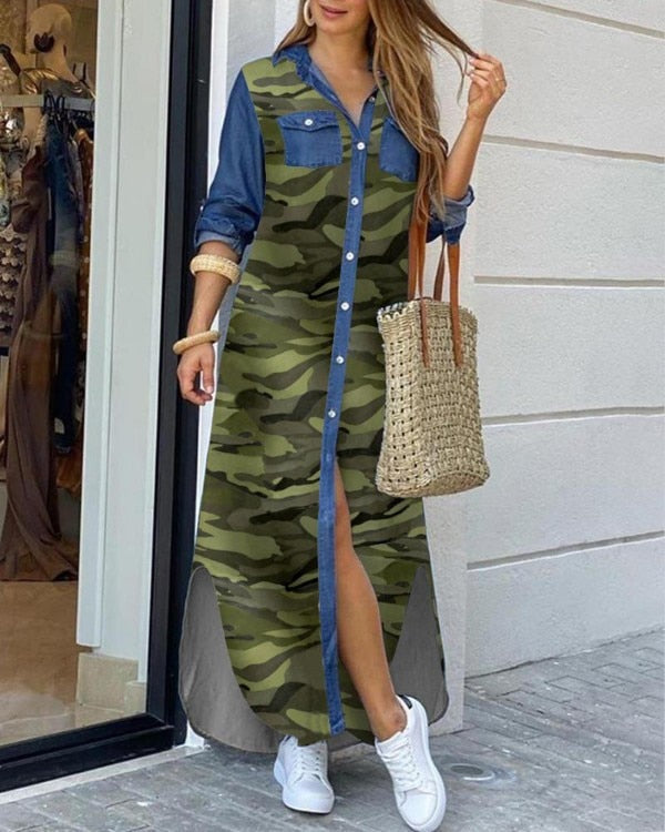 Women fashionable Shirt-style Button Dress Ladies Casual Long Street Dress Large Size Loose Home Commuter Print Dress