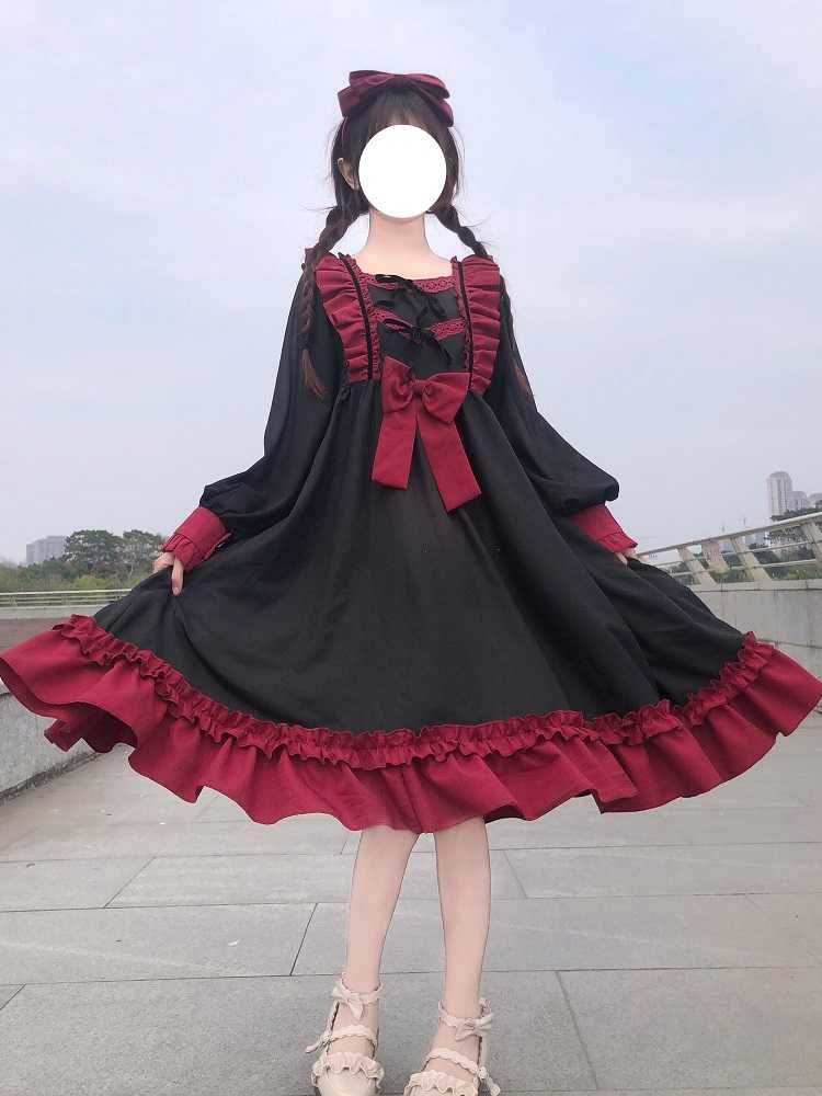 Sixsr Japanese Harajuku Gothic Bandage Bow Splice Dress Sweet Lolita Girl Cosplay Dress Kawaii Ruffles Bow Women Party Dress