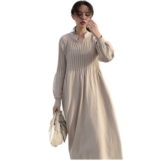 Lamtrip Unique Best Quality Autumn Winter Retro French Girl Chic Knitting V-Neck Long Sleeve Basic Dress Mori Girl