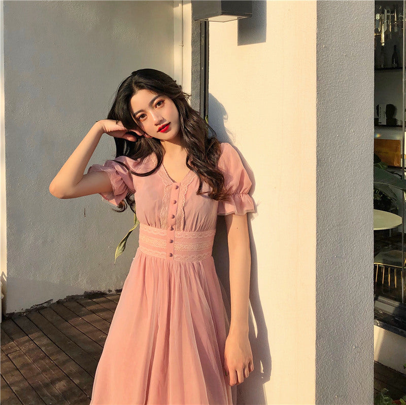 Sixsr New Summer Mesh Dress Female V-neck Short Puff Sleeve A-line Women Dress Slim Korean Style Mesh Elegant Vintage Vestidos