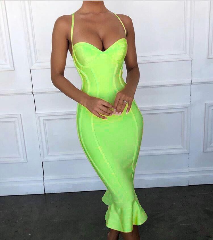 High Quality Pink Yellow Knee Length Rayon Bandage Dress Evening Party Elegant Dress