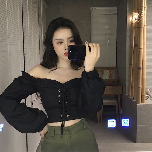 Sixsr Womens Off Shoulder Top Long Sleeve Ruffle Vintage Blouse With Puff Sleeves Lace Up Ladies Tops Bandage Crop Tops Black White