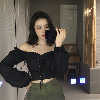 Sixsr Womens Off Shoulder Top Long Sleeve Ruffle Vintage Blouse With Puff Sleeves Lace Up Ladies Tops Bandage Crop Tops Black White