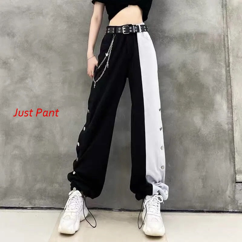 Women Fashion Contrast Cargo Pants Female New Arrival Elastic Waist Wide Leg Trousers Ladies Korean High Street Cotton Pant