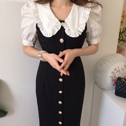 Sixsr  Summer Outfits Dress Women Fashion Peter Pan Collar Puff Sleeve Single Breasted Slim Long Vestidos Korean Chic Robe Elegant Female