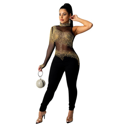 Sixsr Sheer Mesh Diamonds Sequined Pearls High Split Long Dress For Women Straps Bodycon Long Vestidos Night Party Rhinestone Outfits