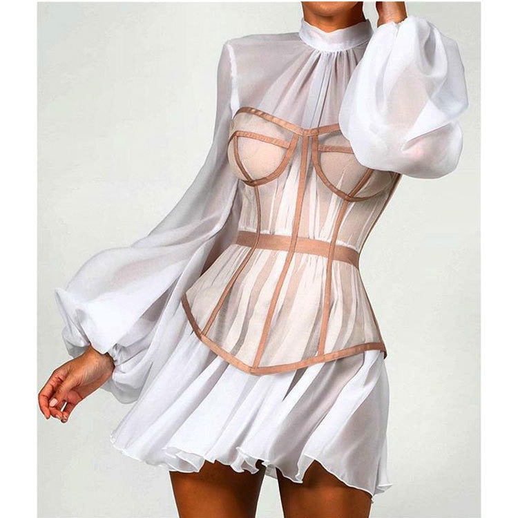 Sixsr New Design 2pcs Summer Dress for Women Black Sexy Corset Dress Vintage Slim Mesh Outfit Clubwear Dress Shirt for Girl's Party