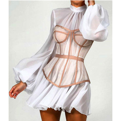 Sixsr New Design 2pcs Summer Dress for Women Black Sexy Corset Dress Vintage Slim Mesh Outfit Clubwear Dress Shirt for Girl's Party