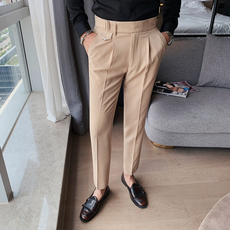 Sixsr New Design Men High Waist Trousers Solid England Business Casual Suit Pants Belt Straight Slim Fit Bottoms White Clothing