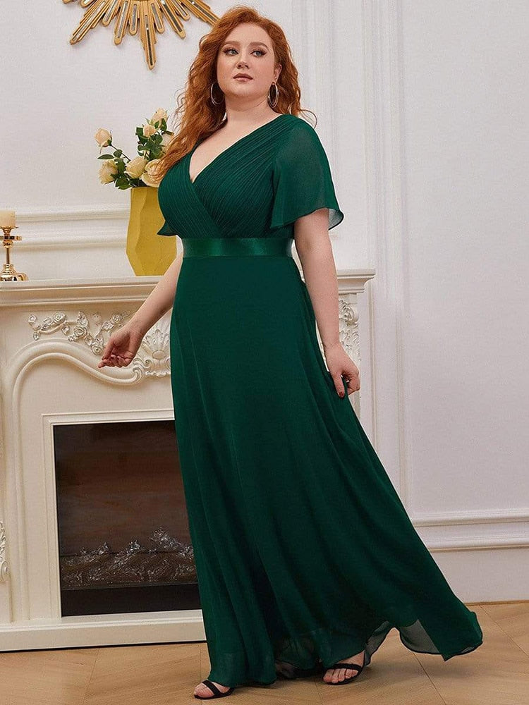 sixsr Summer Outfits  New Women Plus Size Evening Dresses Long Elegant A Line V Neck Ruffles Chiffon Formal Wedding Party Dress Robe De Soiree