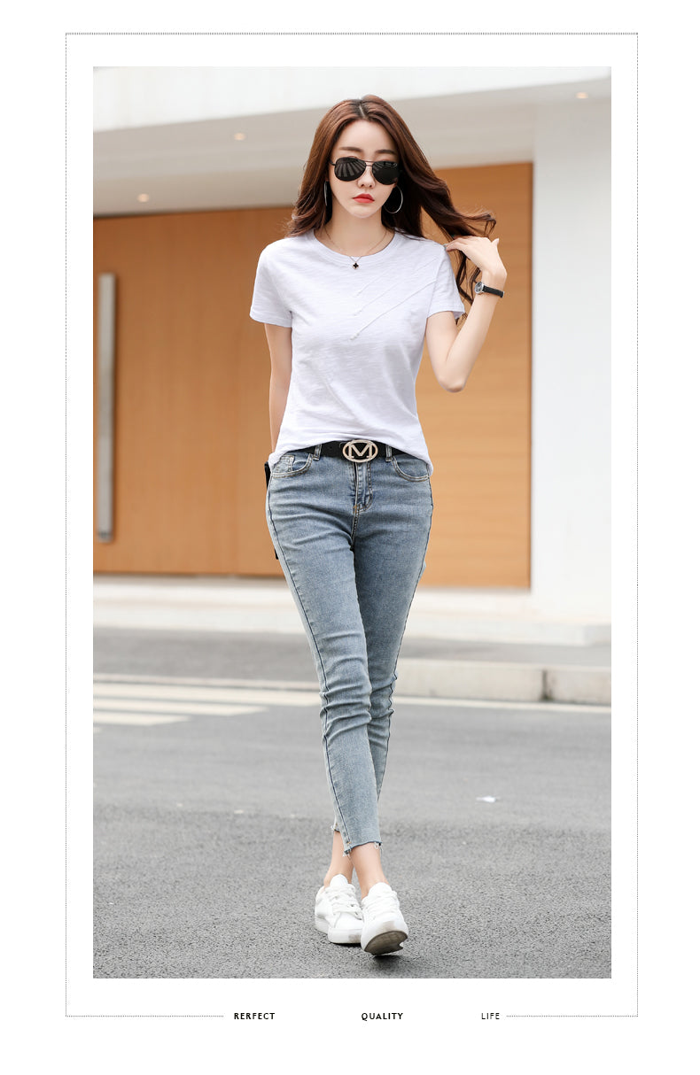 sixsr Short Sleeve Summer Women Ribbed Cotton Tee-Shirts Female Button Loose Casual Fashion T-shirts Blue O-Neck Korea Tops S-3XL