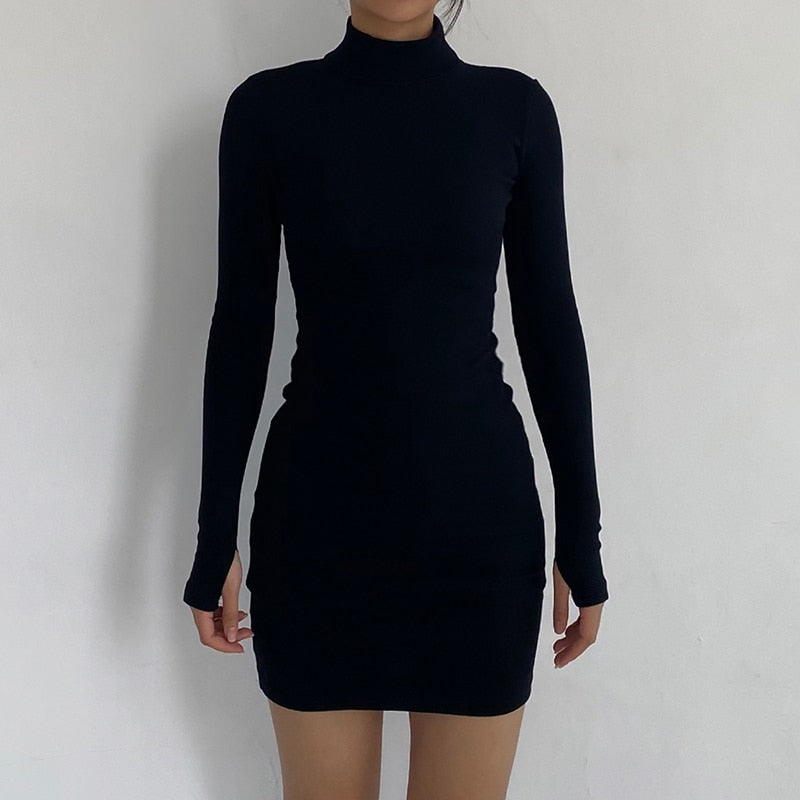 Autumn Fashion Sexy Solid Turtleneck Skinny Mini Dress Women Rib Knit Keep Warm Long Sleeve Slim Dress Streetwear