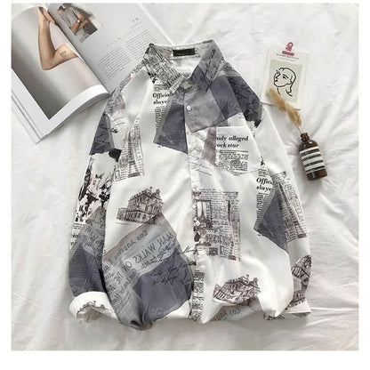 Newspaper shirt Korean trend men's shirt long-sleeved loose couple lovers shirt student all-match shirt 2024 fashion streetwear