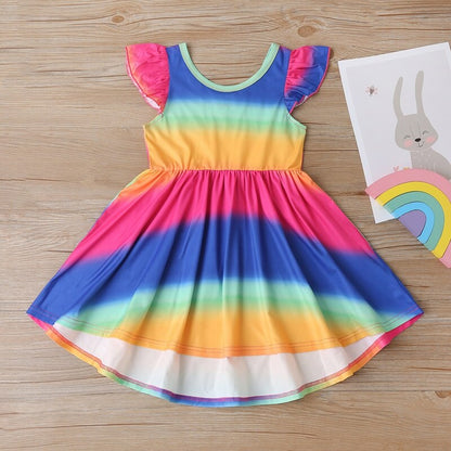 Sixsr New Summer Baby Girls Tutu Dress Children Party Little Girl Kids Clothes Flying Sleeve Princess Rainbow Patchwork Outfits Dress